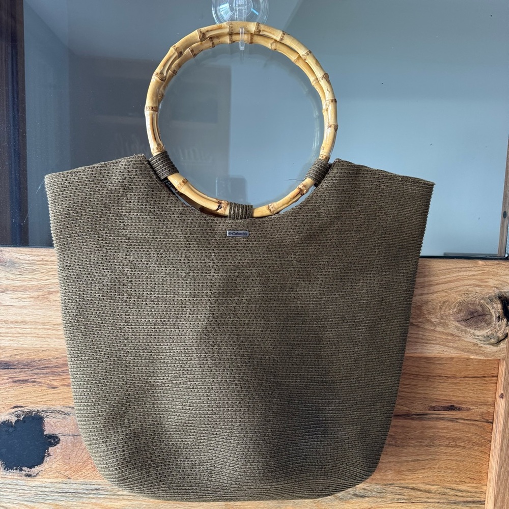 Columbia Olive Green/brownish Tote with Circular Bamboo Handles Bag